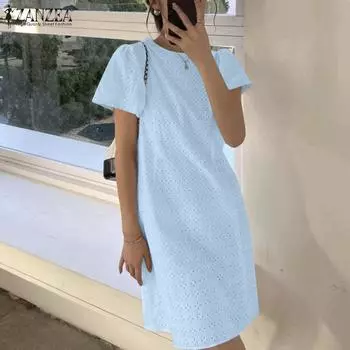 ZANZEA Женское летнее платье с круглым вырезом и коротким рукавом, кружевное, вязанное крючком, пэчворк S белый