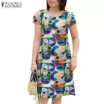 ZANZEA Женское Летнее Платье с О-образным Вырезом и Коротким Рукавом с Принтом Праздничное S красный