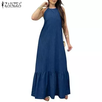 ZANZEA Женское летнее платье с открытыми плечами без рукавов и бретелькой через шею, длинное 4XL синий
