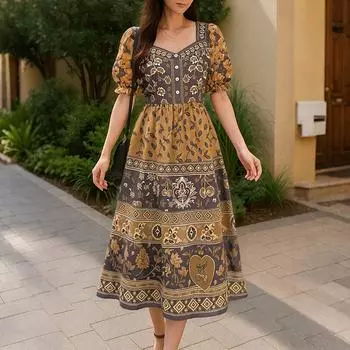 ZANZEA Женское летнее платье с принтом, свободного кроя, с коротким рукавом S жёлтый