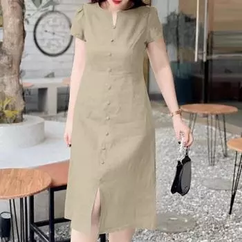 ZANZEA Женское летнее платье с V-образным вырезом, однотонное, повседневное, с коротким рукавом M хаки