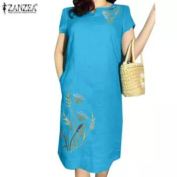 ZANZEA Женское летнее платье с v-образным вырезом и коротким рукавом с цветочной вышивкой XL розовый