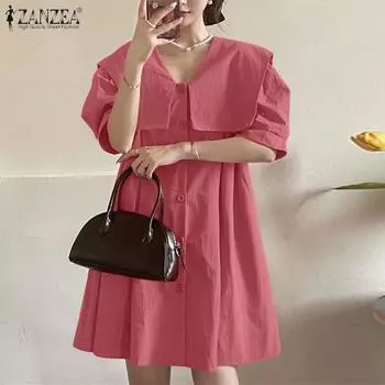 ZANZEA Женское летнее платье свободного кроя с коротким рукавом и воротником-стойкой XL хаки