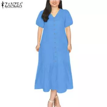 ZANZEA Женское летнее платье свободного кроя с V-образным вырезом и короткими рукавами L розовый