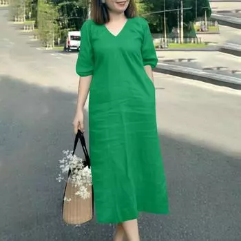 ZANZEA Женское летнее платье свободного покроя с V-образным вырезом и коротким рукавом S зелёный