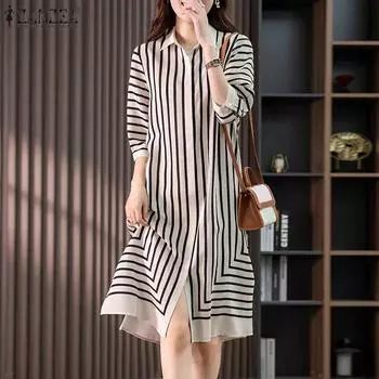 ZANZEA Женское летнее платье в полоску с воротником-рубашкой и короткими рукавами L бежевый