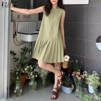 ZANZEA женское летнее плиссированное однотонное свободное прямое короткое платье без рукавов с круглым вырезом и принтом