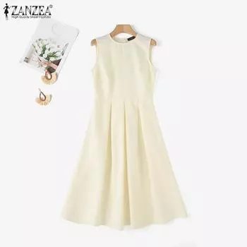 ZANZEA Женское летнее плиссированное платье без рукавов с круглым вырезом 5XL бежевый