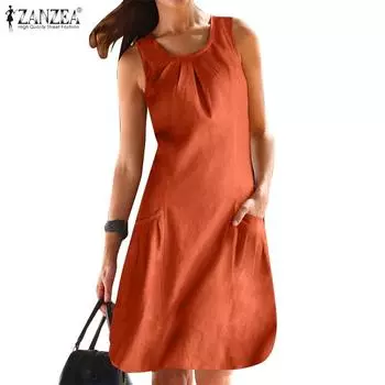 ZANZEA Женское летнее пляжное повседневное платье без рукавов с круглым вырезом