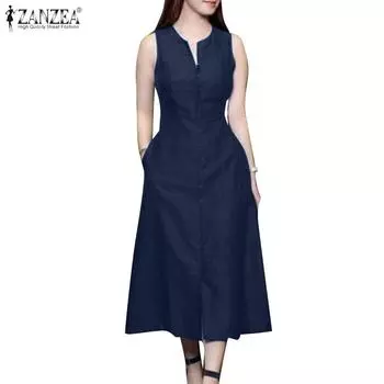 ZANZEA Женское летнее повседневное длинное платье без рукавов с v-образным вырезом