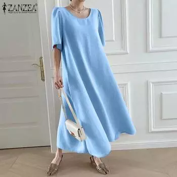 ZANZEA Женское летнее повседневное длинное платье с коротким рукавом и круглым вырезом