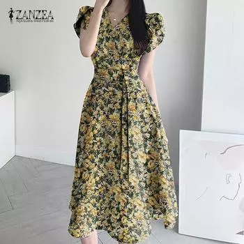 ZANZEA Женское летнее повседневное длинное платье с коротким рукавом и цветочным принтом 5XL жёлтый