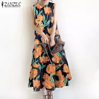 ZANZEA Женское летнее повседневное длинное платье без рукавов с круглым вырезом и цветочным принтом XL чёрный