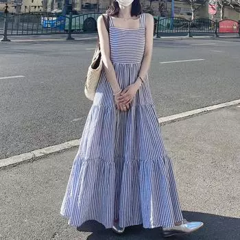 ZANZEA Женское летнее повседневное длинное платье без рукавов с квадратным воротником S чёрный