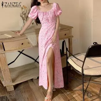ZANZEA Женское летнее повседневное длинное платье с коротким рукавом и цветочным принтом S синий