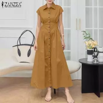 ZANZEA Женское летнее повседневное длинное платье без рукавов с отложным воротником S тёмно-синий