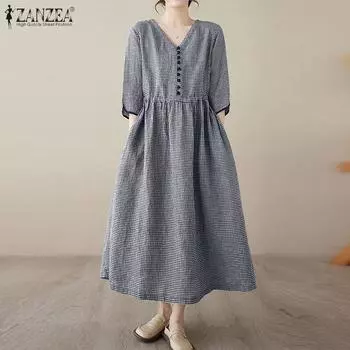 ZANZEA Женское летнее повседневное длинное платье с V-образным вырезом и сетчатым принтом, рукав 3/4 S чёрный