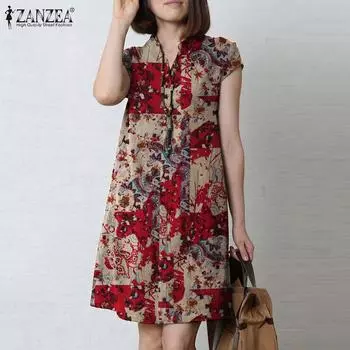 ZANZEA Женское летнее повседневное хлопковое платье с v-образным вырезом и коротким рукавом S красный