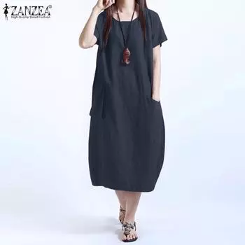 ZANZEA Женское летнее повседневное хлопковое платье с круглым вырезом и короткими рукавами
