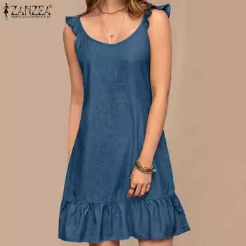 ZANZEA Женское летнее повседневное короткое платье без рукавов с круглым вырезом 3XL синий