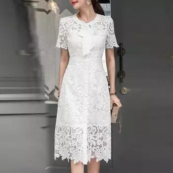 ZANZEA Женское летнее повседневное кружевное платье с коротким рукавом и круглым вырезом в технике пэчворк S белый