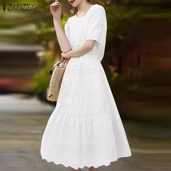 ZANZEA Женское летнее повседневное кружевное платье с коротким рукавом и круглым вырезом 4XL розовый