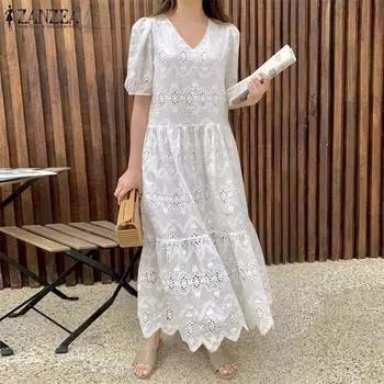 ZANZEA Женское летнее повседневное кружевное платье с V-образным вырезом и коротким рукавом, вязанное крючком сзади M розовый