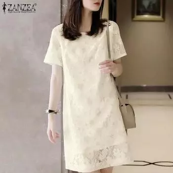 ZANZEA Женское летнее повседневное модное кружевное прямое однотонное свободное платье с круглым вырезом и коротким рукавом