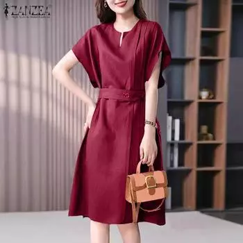 ZANZEA женское летнее повседневное однотонное платье в полоску с круглым вырезом и короткими рукавами на талии 4XL вино красного