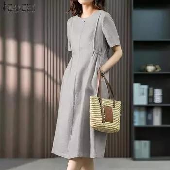 ZANZEA женское летнее повседневное однотонное свободное платье с круглым вырезом и короткими рукавами