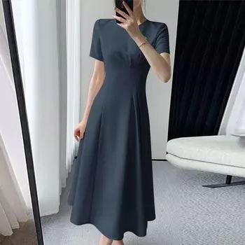 ZANZEA Женское Летнее Повседневное Платье А-силуэта с Круглым Вырезом и Коротким Рукавом S тёмно-синий