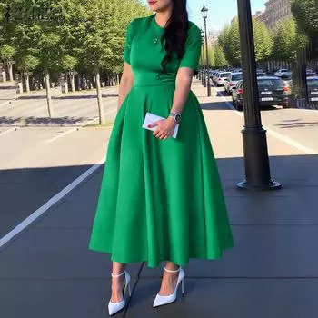 ZANZEA Женское летнее повседневное платье А-силуэта с круглым вырезом и коротким рукавом S зелёный