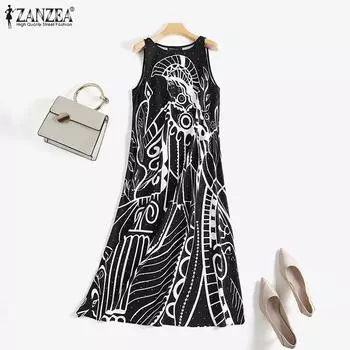 ZANZEA Женское летнее повседневное платье без рукавов с круглым вырезом и принтом