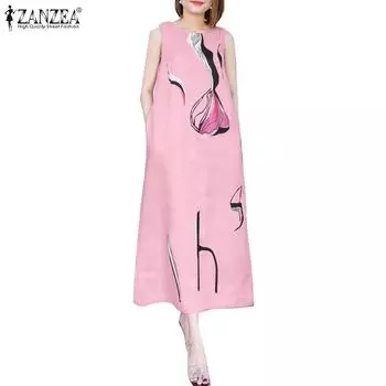 ZANZEA Женское летнее повседневное платье без рукавов с круглым вырезом и принтом