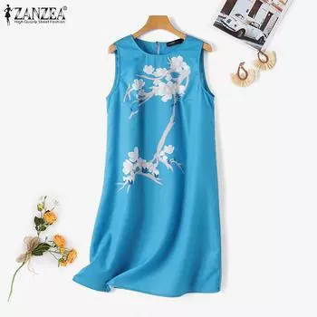 ZANZEA Женское летнее повседневное платье без рукавов с круглым вырезом и принтом