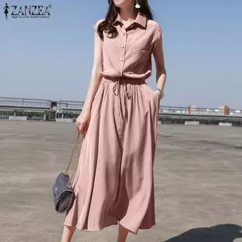 ZANZEA Женское летнее повседневное платье без рукавов с круглым вырезом и шнурком