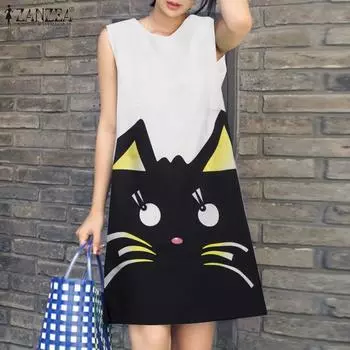 ZANZEA женское летнее повседневное платье без рукавов с круглым вырезом и рисунком из мультфильма 3XL белый