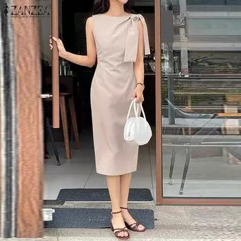 ZANZEA Женское летнее повседневное платье без рукавов с круглым вырезом