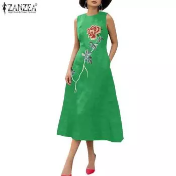 ZANZEA Женское летнее повседневное платье без рукавов с круглым вырезом и цветочной вышивкой 3XL чёрный