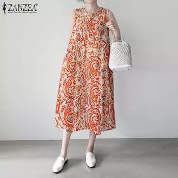 ZANZEA Женское летнее повседневное платье без рукавов с круглым вырезом и принтом