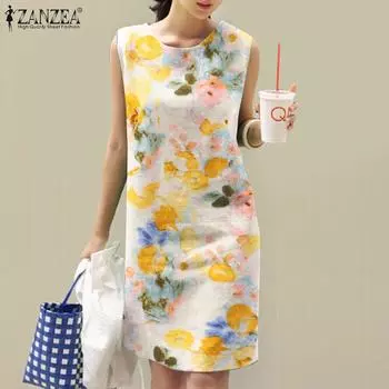 ZANZEA Женское летнее повседневное платье без рукавов с цветочным принтом и круглым вырезом XL светло-желтого