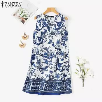ZANZEA Женское летнее повседневное платье без рукавов с v-образным вырезом и принтом
