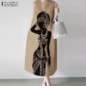 ZANZEA Женское летнее повседневное платье без рукавов с круглым вырезом и принтом 3XL белый