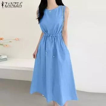 ZANZEA Женское летнее повседневное платье без рукавов с круглым вырезом M розовый