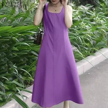 ZANZEA Женское летнее повседневное платье без рукавов с U-образным вырезом 5XL синий