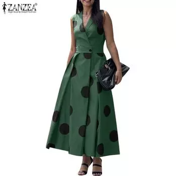 ZANZEA Женское летнее повседневное платье без рукавов с отложным воротником и принтом в горошек S зелёный