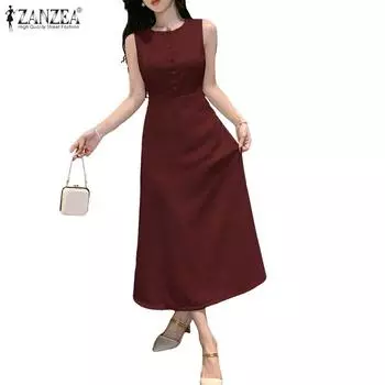 ZANZEA Женское летнее повседневное платье без рукавов с круглым вырезом M бежевый