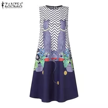 ZANZEA Женское летнее повседневное платье без рукавов с круглым вырезом и принтом