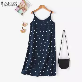 ZANZEA Женское летнее повседневное платье-комбинация с открытыми плечами без рукавов в горошек S коричневый