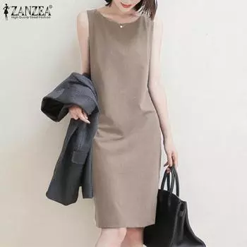 ZANZEA Женское летнее повседневное платье-майка без рукавов с круглым вырезом